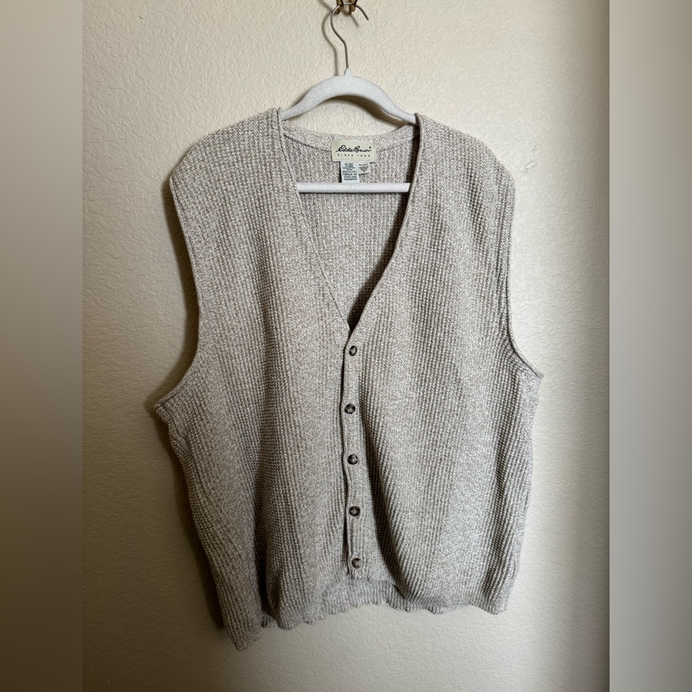Vintage Eddie‎ Bauer Knit Cardigan Sweater Vest Sz L Tall Oat Grandpa Granola